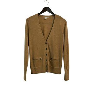Halogen 100% Merino Wool Cardigan with Zip Pockets | Camel Brown
